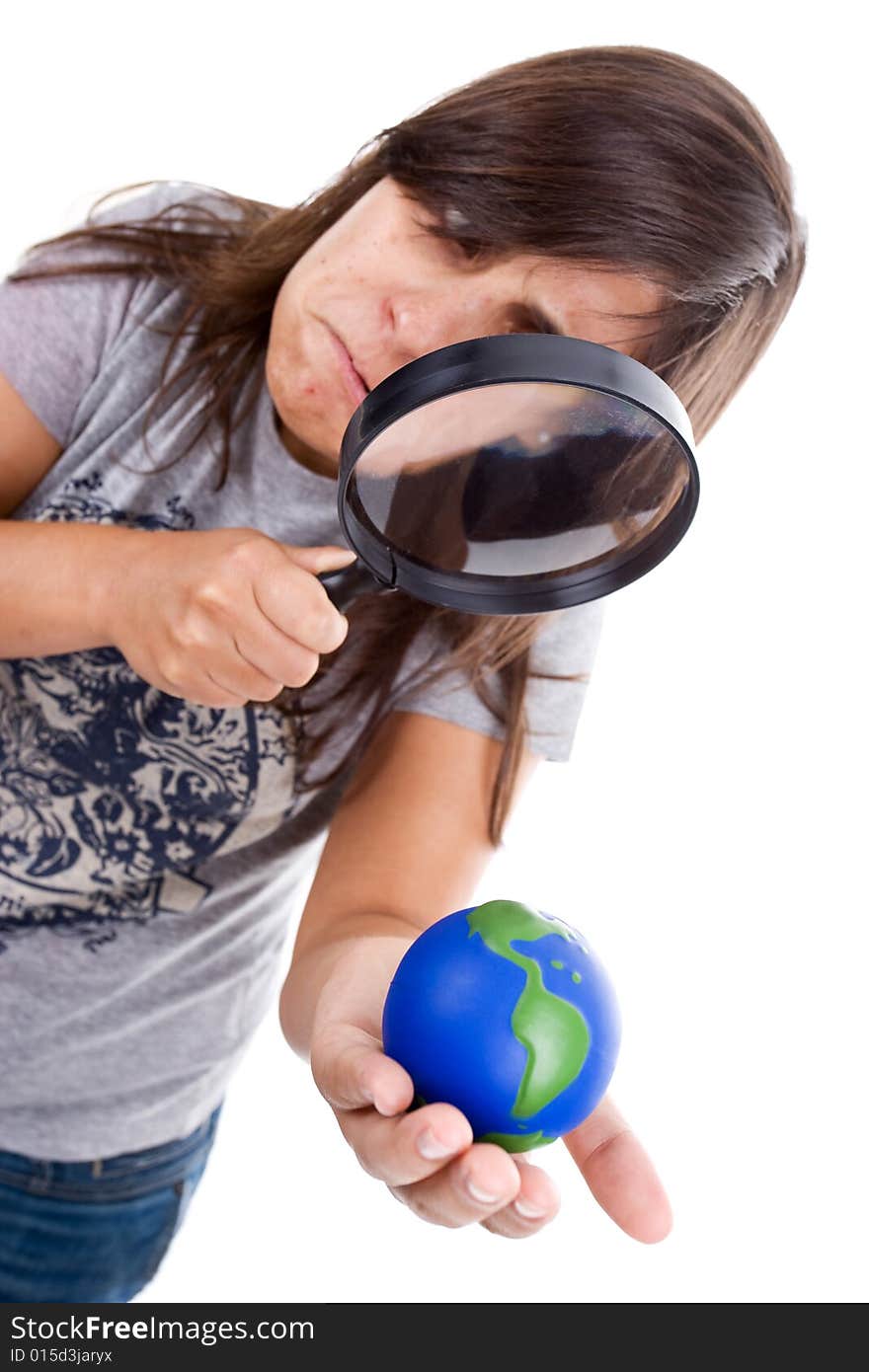 Young woman holding small earth globe isolated on white background