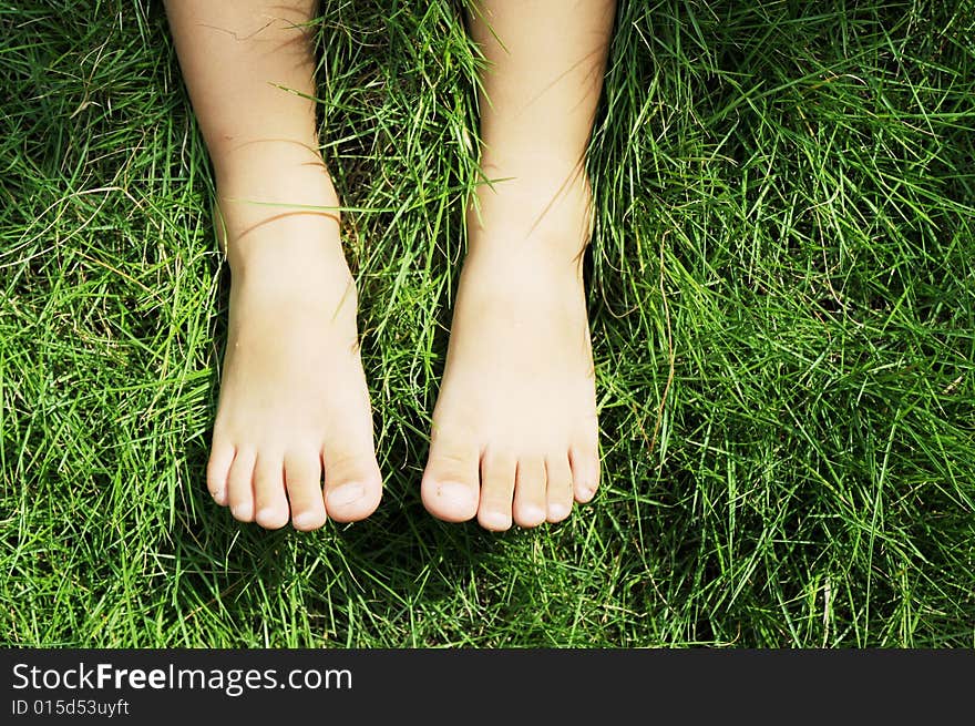 The Feet Of A Little Boy On Meadow