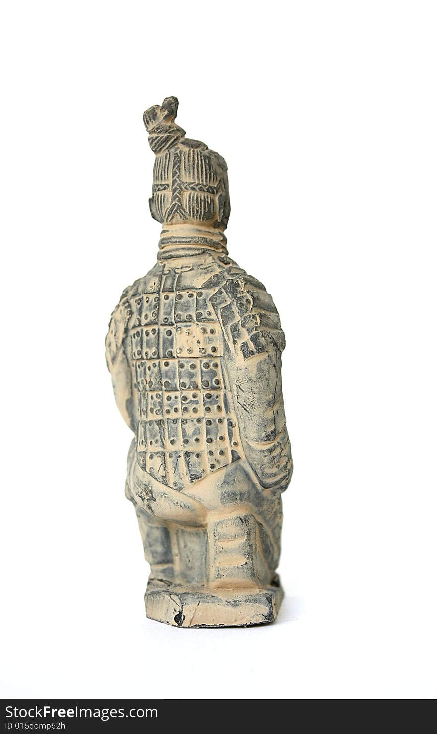 Back view of a kneeling terracotta warrior foot soldier against a white background