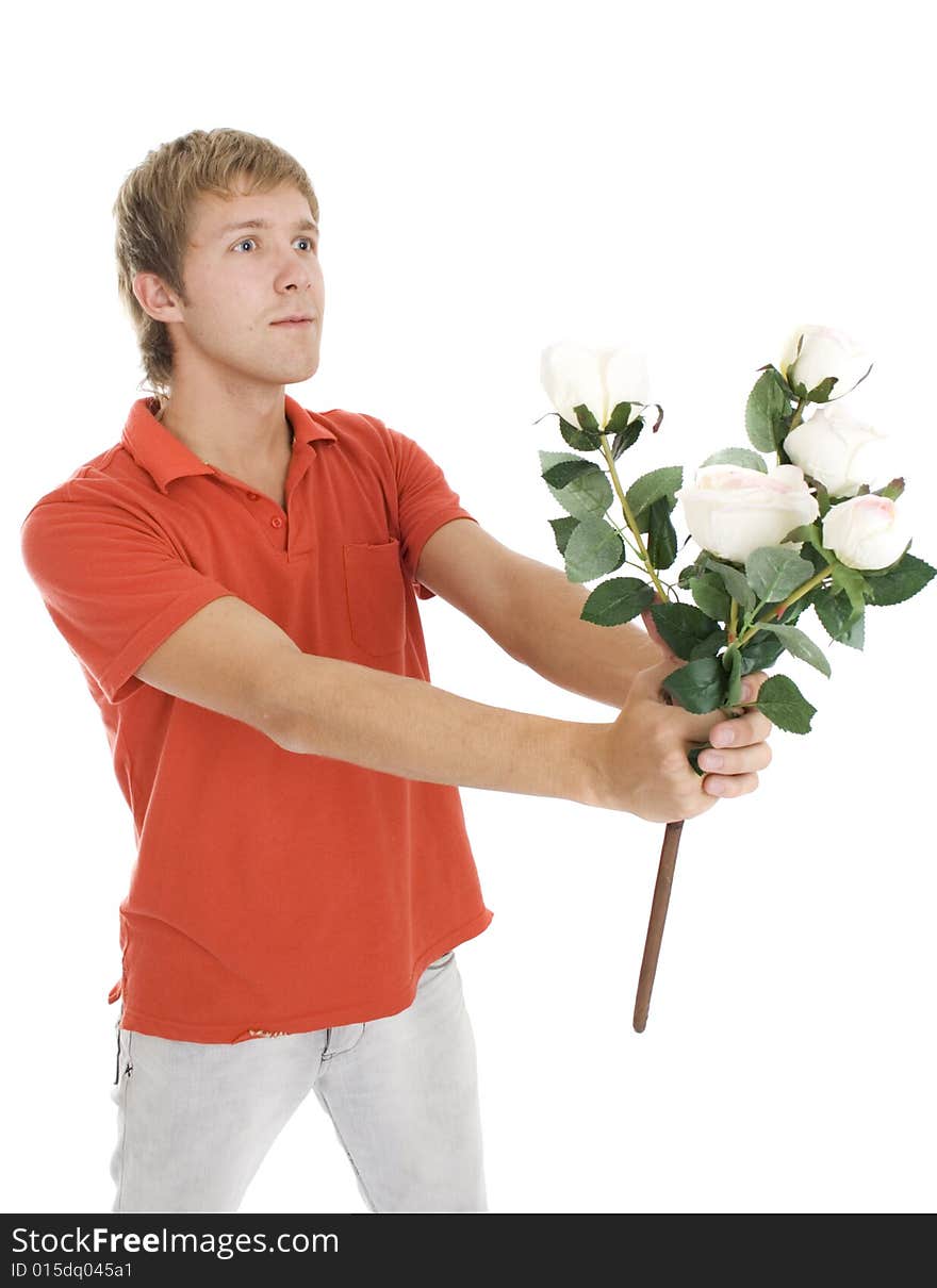 Lovely orange man witch white roses isolated on white. Lovely orange man witch white roses isolated on white