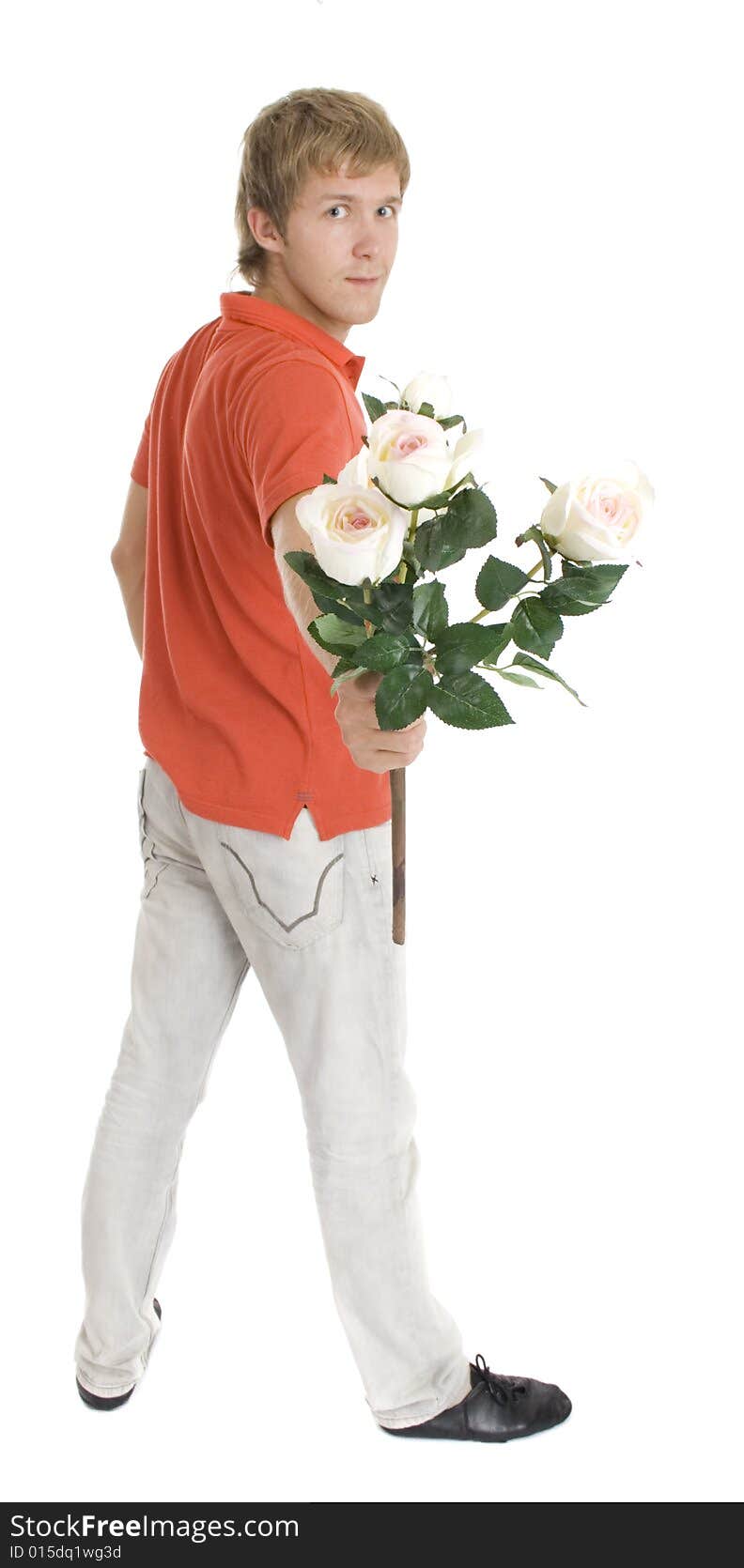 Lovely orange man witch white roses isolated on white. Lovely orange man witch white roses isolated on white