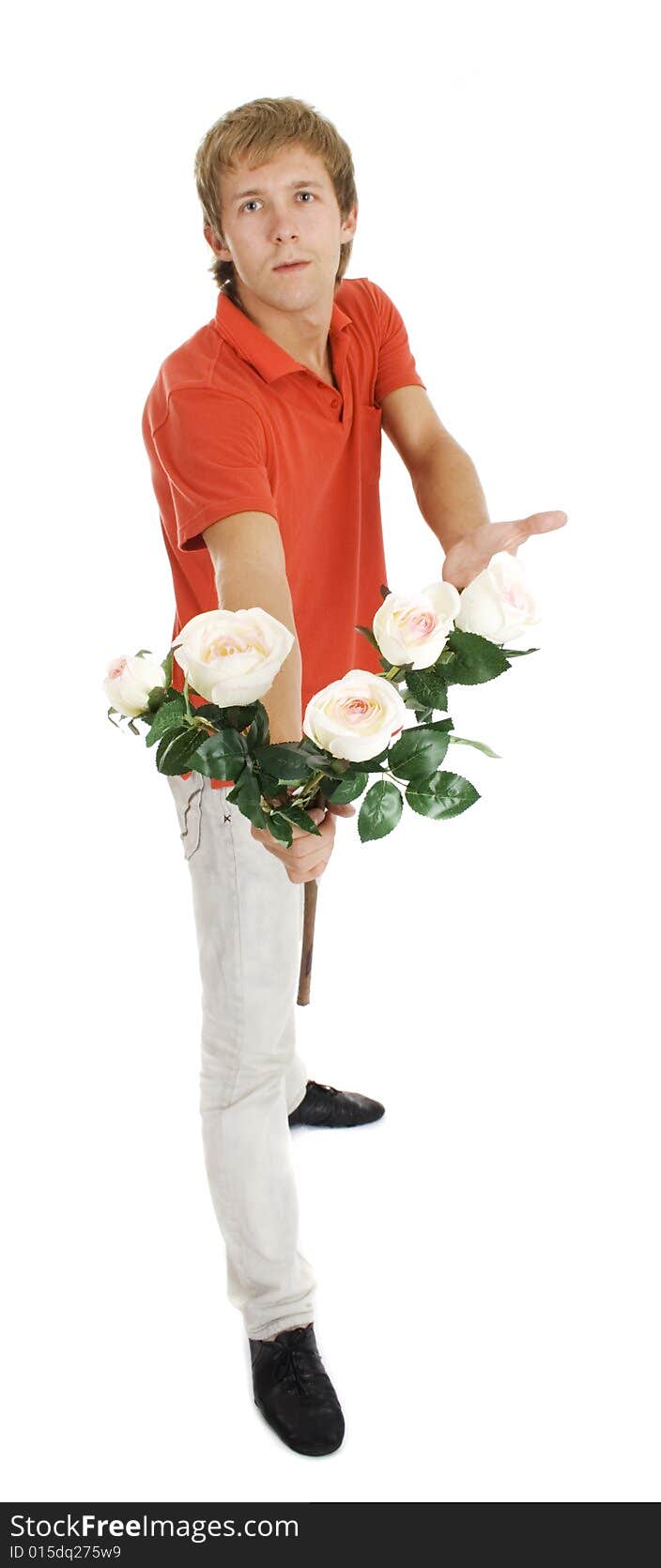 Lovely orange man witch white roses isolated on white. Lovely orange man witch white roses isolated on white