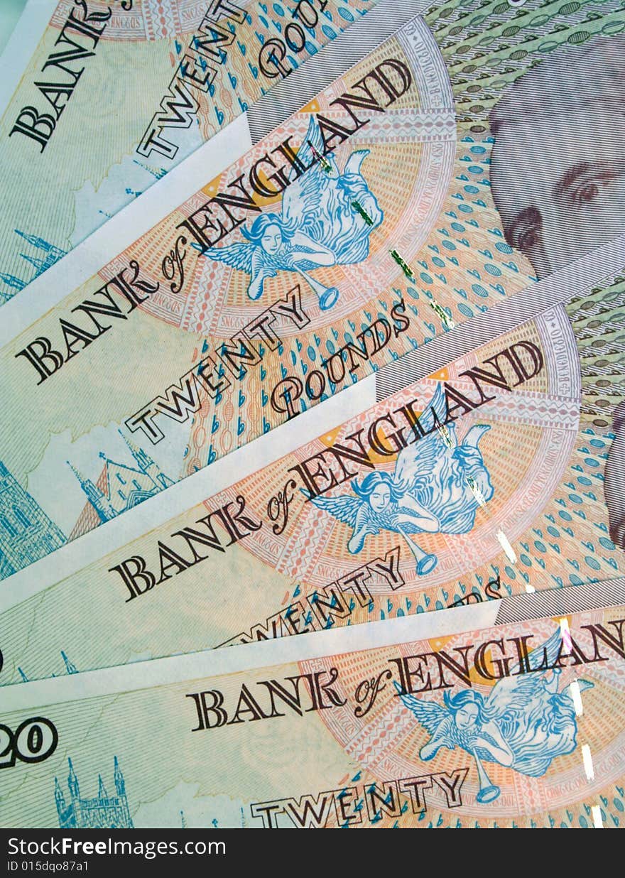 Close-up of English twenty pound currency notes. Close-up of English twenty pound currency notes