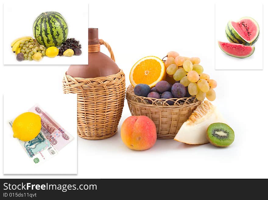 Collage with fruit and money on a white background