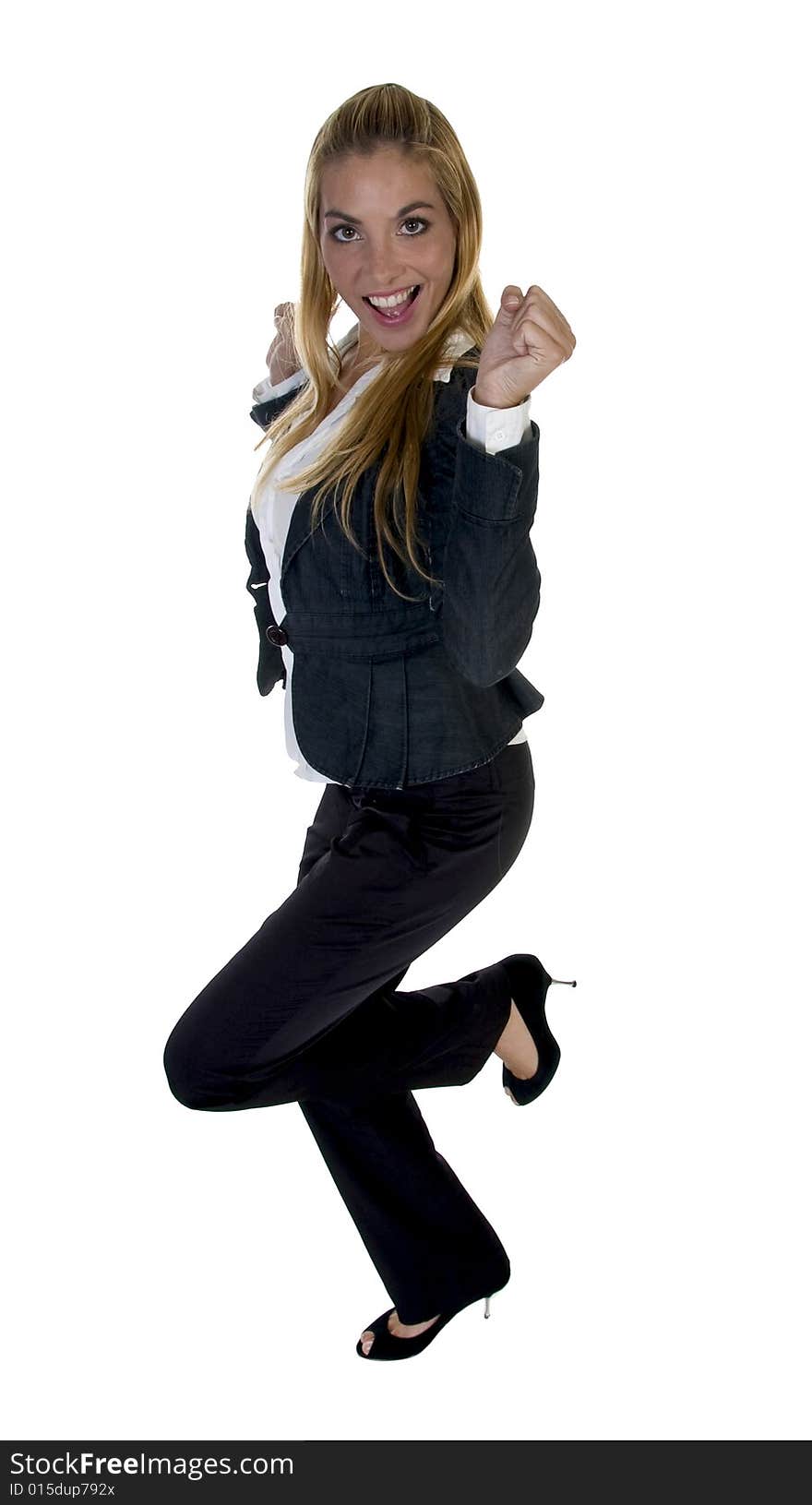 Businesswoman clenching fist isolated with white background