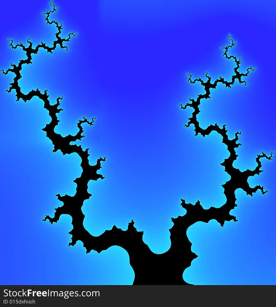 An abstract illustration. The black silhouette of the old dry wood on a blue background. An abstract illustration. The black silhouette of the old dry wood on a blue background.