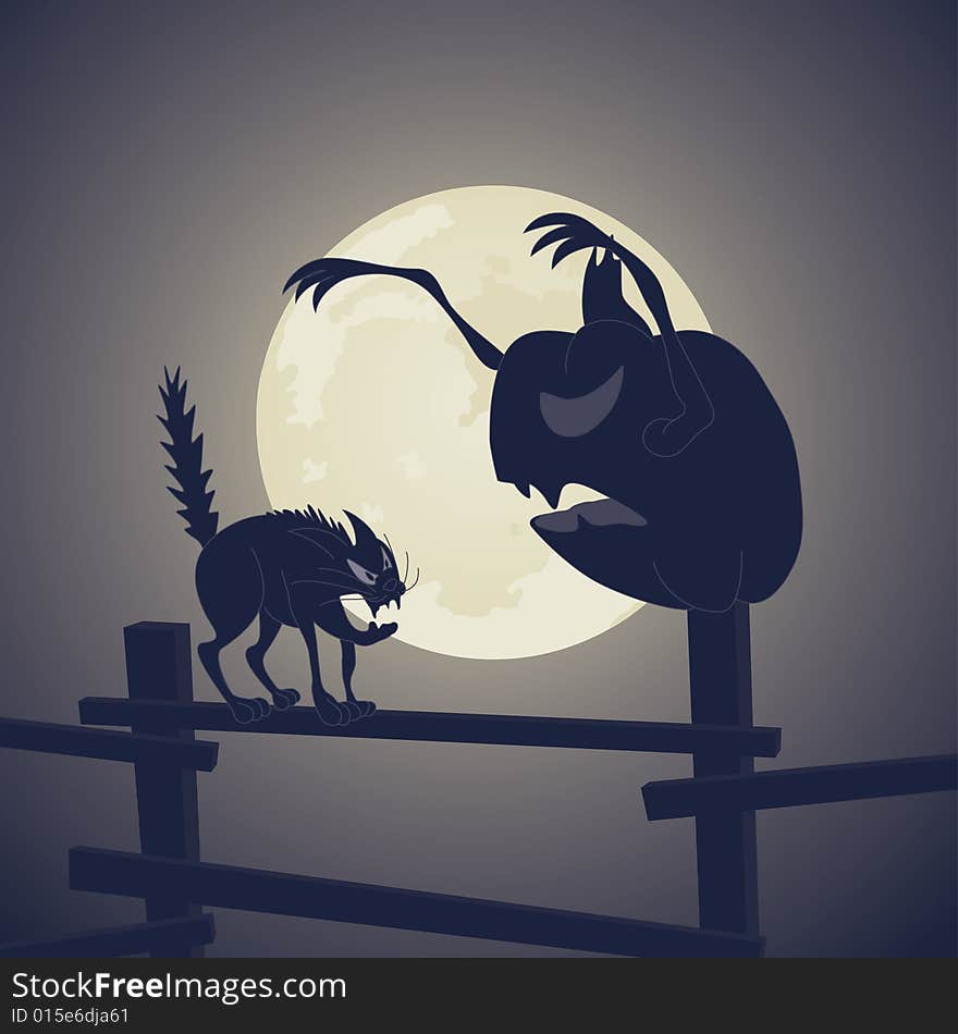 Black Cat vs Dark Pumpkin with Moon at Background. Black Cat vs Dark Pumpkin with Moon at Background