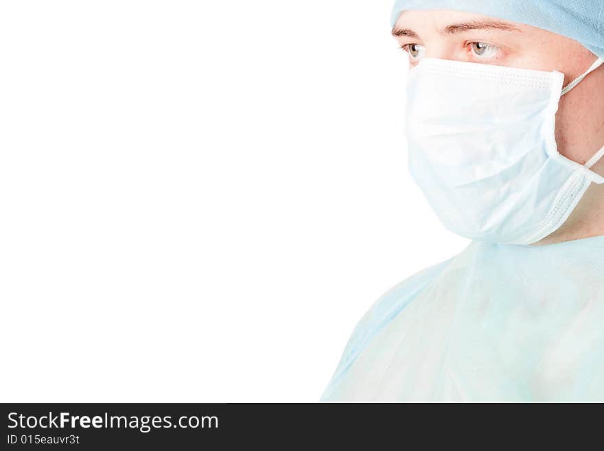 Man doctor face portrait in mask, copy space for white background