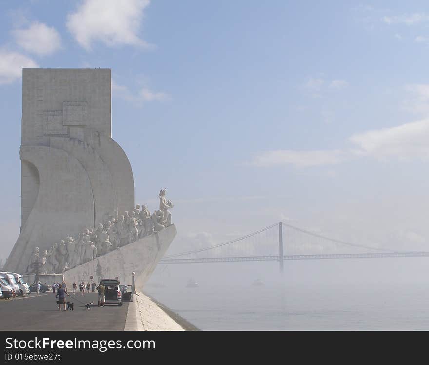 Lisbon Discoveries Monument in Lisbon in mist