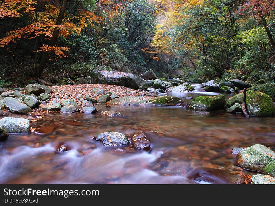 In the fall of the stream, the water is very clear, both sides of the red and yellow leaves.The photography place is the Chinese Sichuan Nanjiang County's Mt. Guangwu