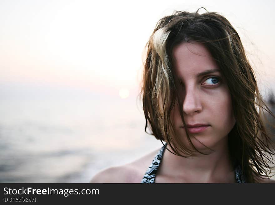 Woman with fluttering hair. portrait