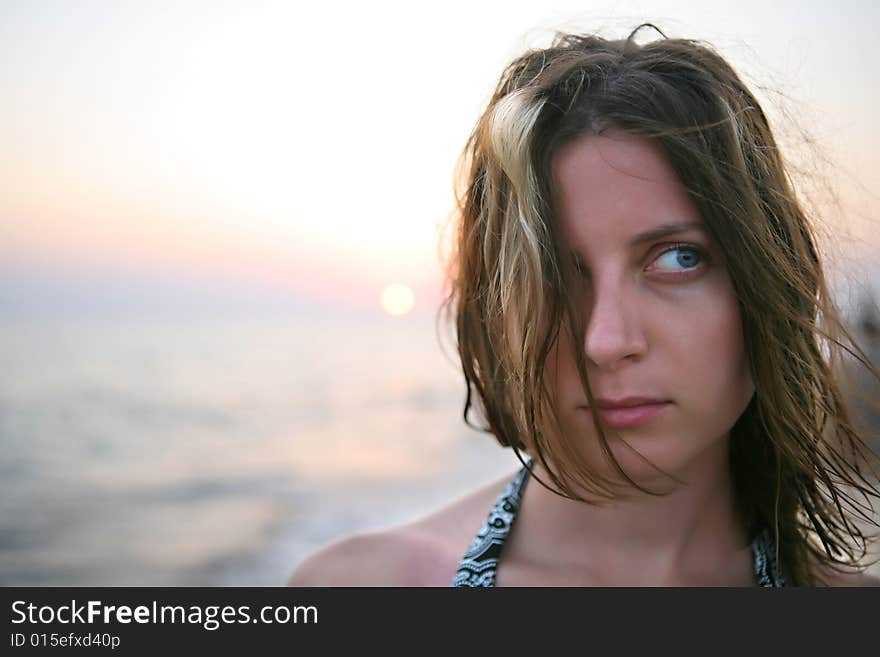 Woman with fluttering hair. portrait