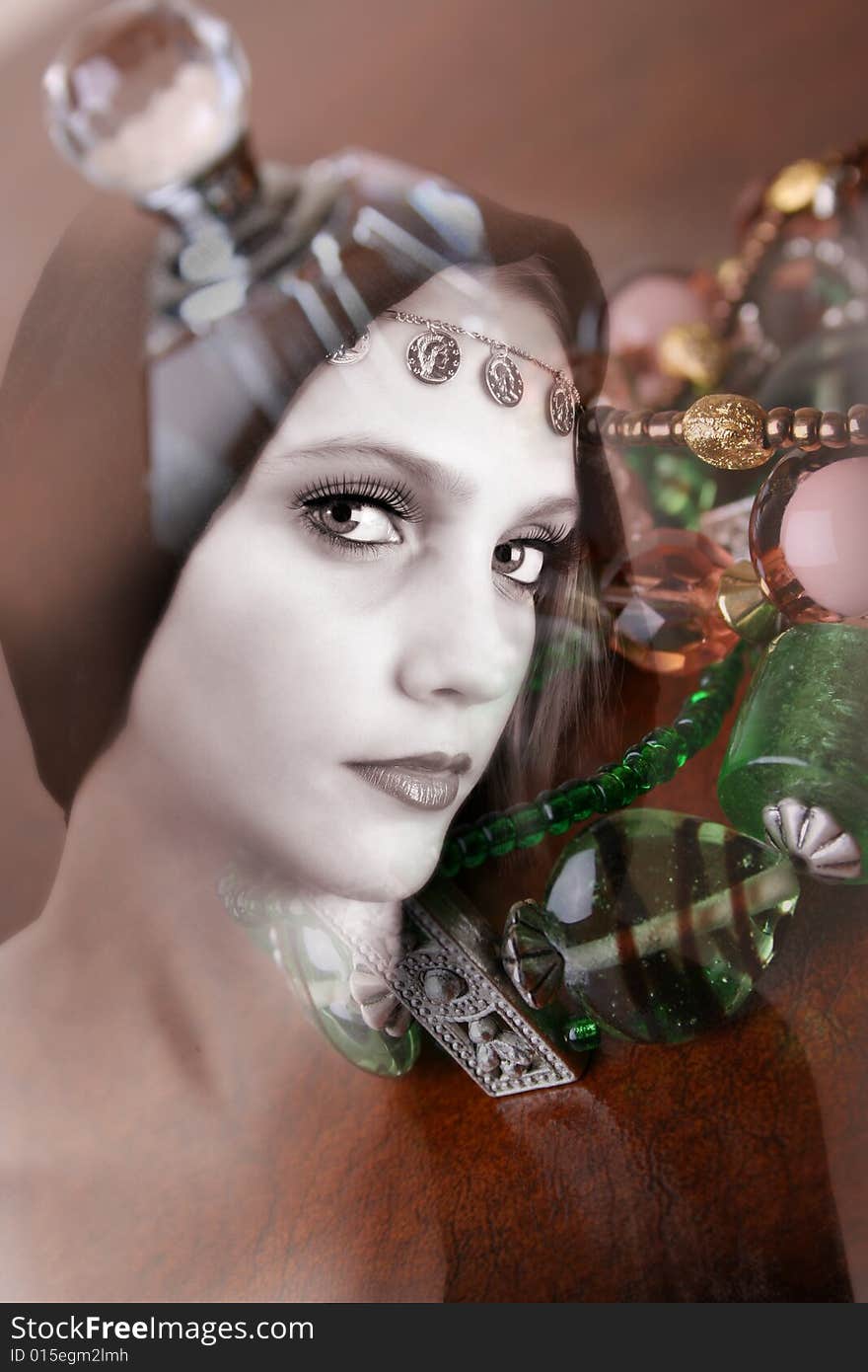 Female model wearing folk dress layers with jewelery