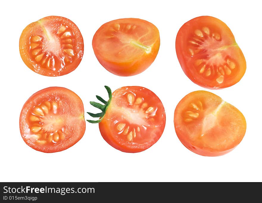 Cut cherry tomato on white background