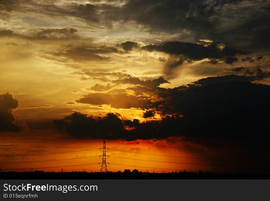 Orange Sunset with high voltage Tower. Orange Sunset with high voltage Tower