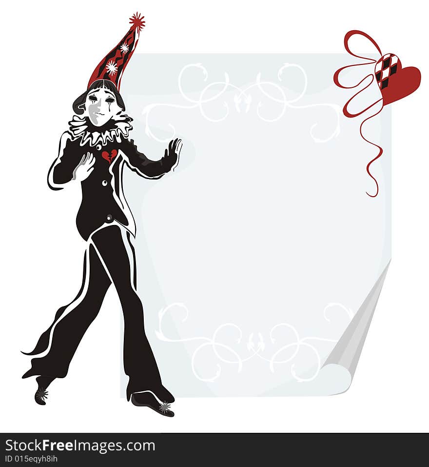 Piece of paper, decorated with heart, ribbons and ornament and Pierro in front. Piece of paper, decorated with heart, ribbons and ornament and Pierro in front