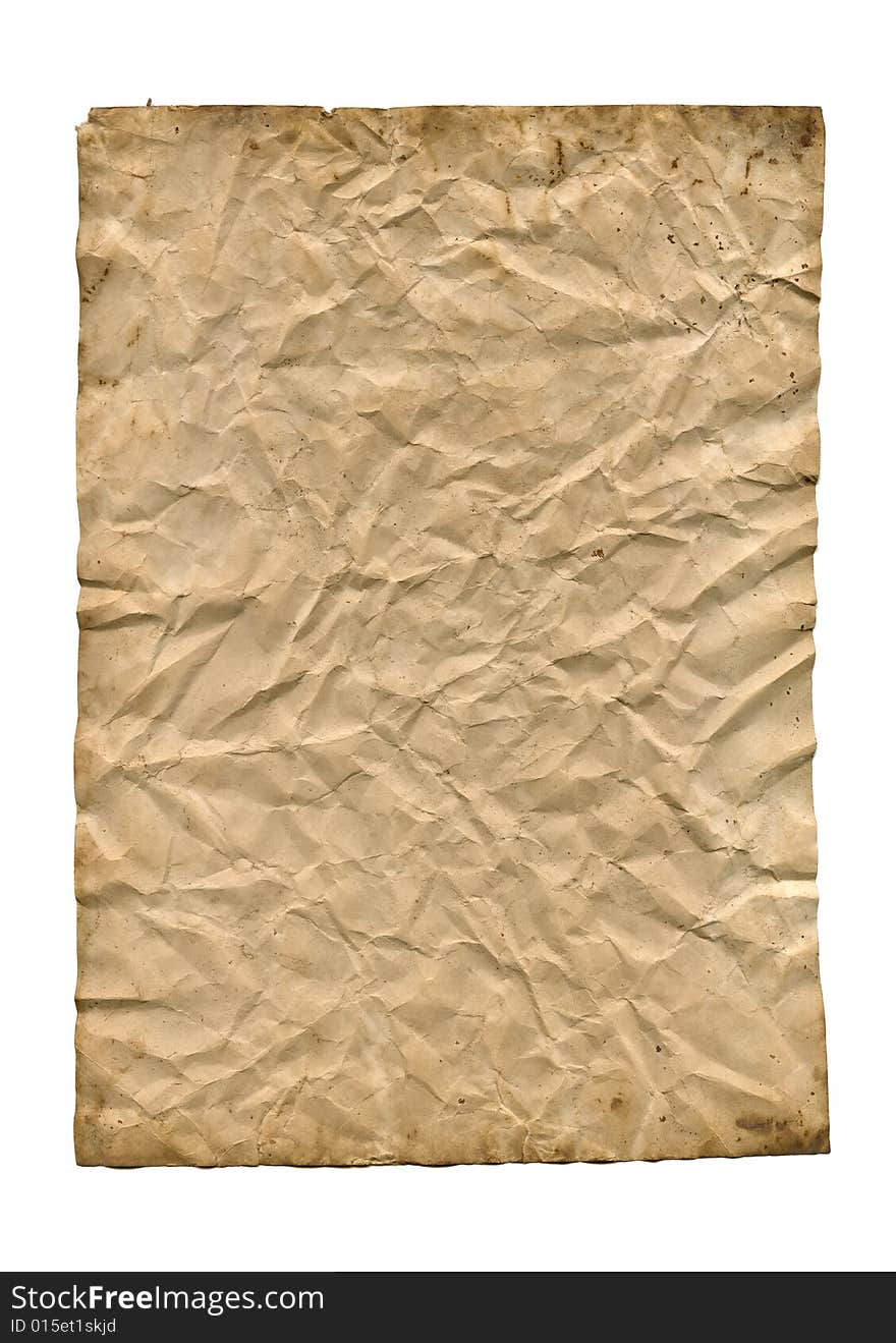 The old dirty crumpled paper is isolated on a white background. The old dirty crumpled paper is isolated on a white background