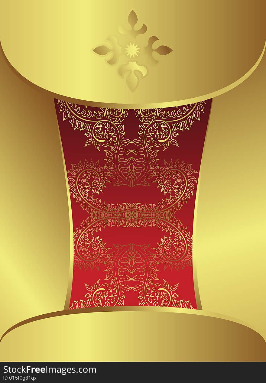 Golden chocolate box with red floral backround. Golden chocolate box with red floral backround