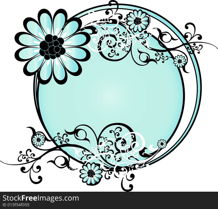 A blue round vector pattern illustration with flowers, petals and intricate floral arabesques. A blue round vector pattern illustration with flowers, petals and intricate floral arabesques