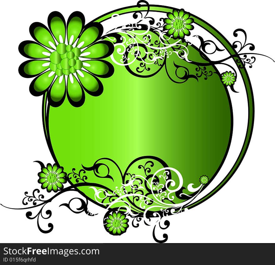 A green round vector pattern illustration with flowers, petals and intricate floral arabesques. A green round vector pattern illustration with flowers, petals and intricate floral arabesques