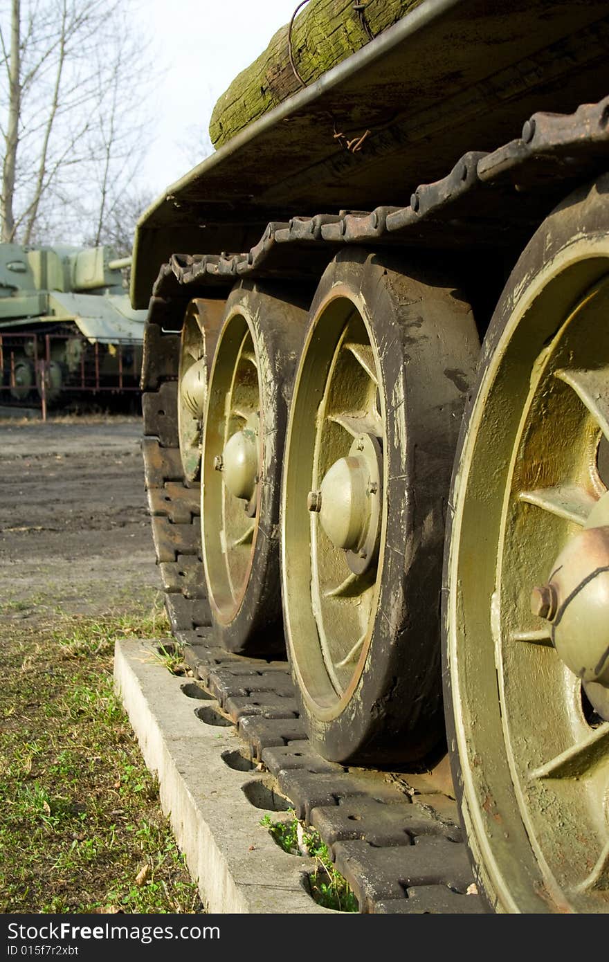 Caterpillar of the tank T-34, colored photo. Caterpillar of the tank T-34, colored photo