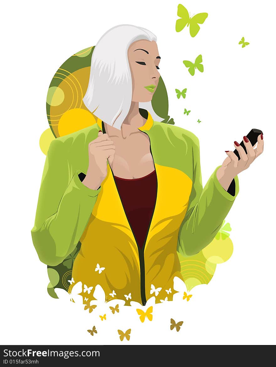 Beautiful girl in green with mobile and butterfly. Beautiful girl in green with mobile and butterfly