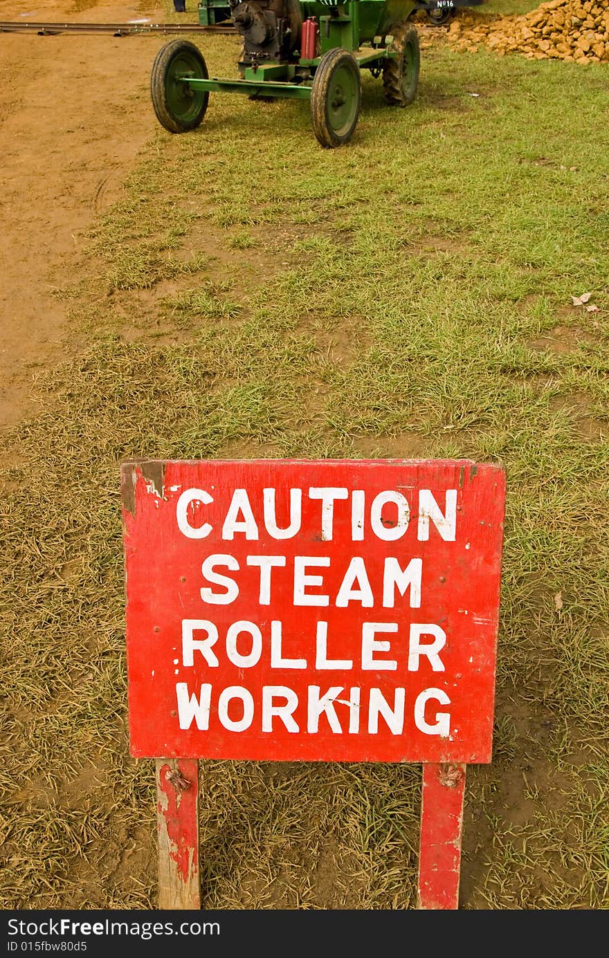 A sign at some road works warning of steam rollers. A sign at some road works warning of steam rollers