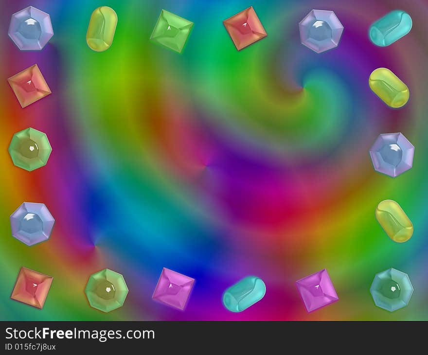 Psychedelic colors illustration with framing gems. Psychedelic colors illustration with framing gems