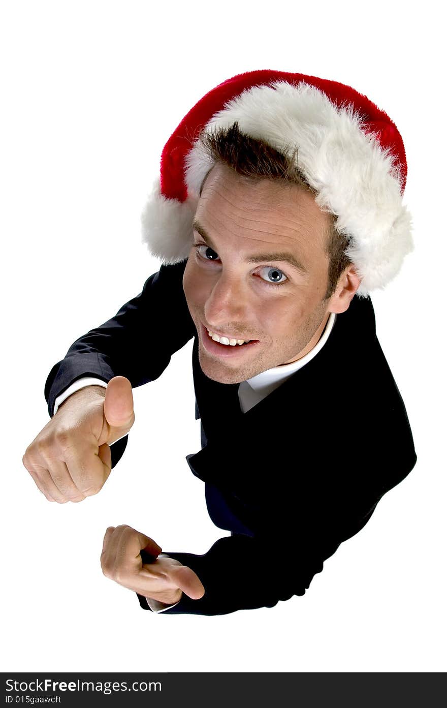 Caucasian businessman with cheer up and santa cap on an isolated white background. Caucasian businessman with cheer up and santa cap on an isolated white background