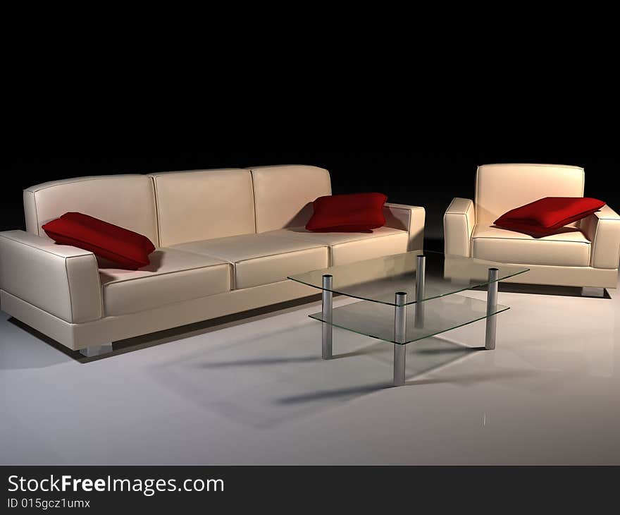 Leather sofa & glass table 3D computer rendering