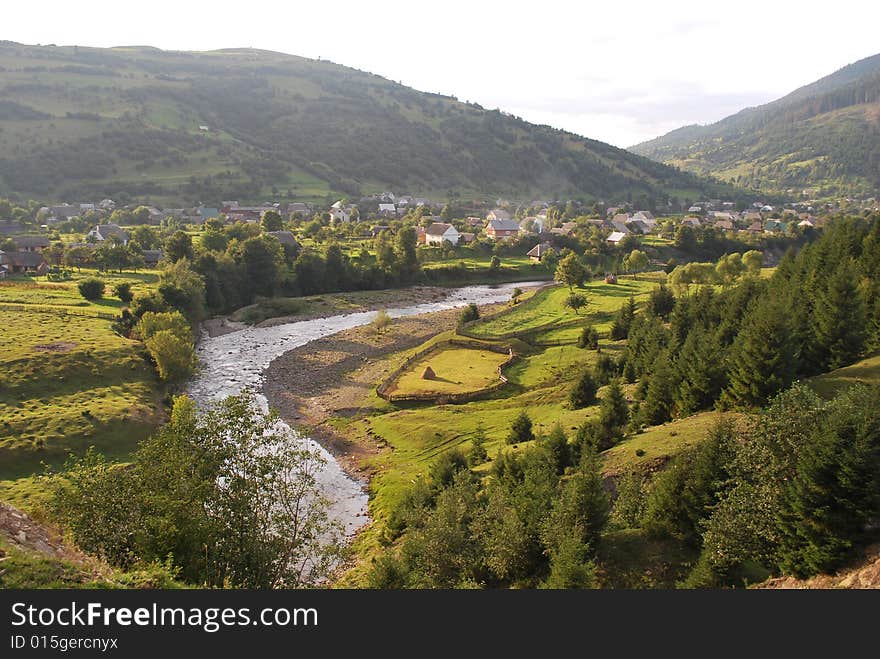 A river flowing through a village