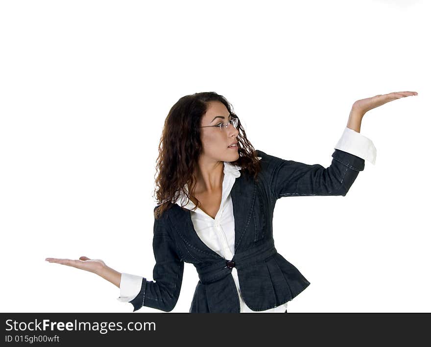 Female with open palm against white background