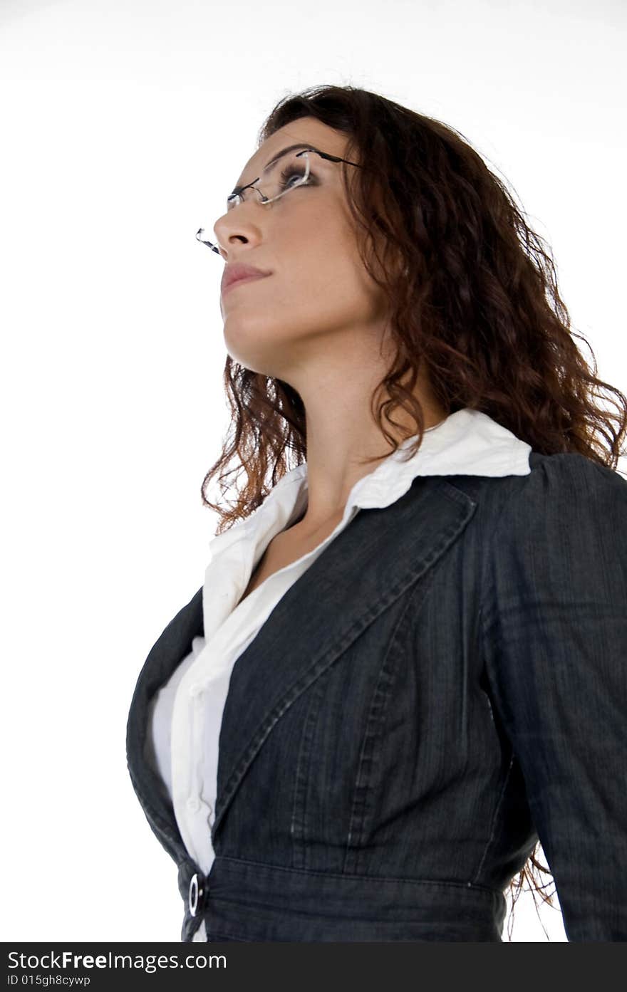 Beautiful woman looking upward  on an isolated background