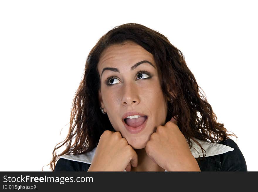 Female posing with chin on hands against white background