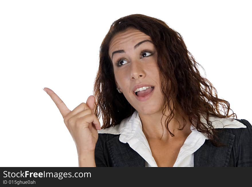 Businesswoman indicating something  on an isolated background