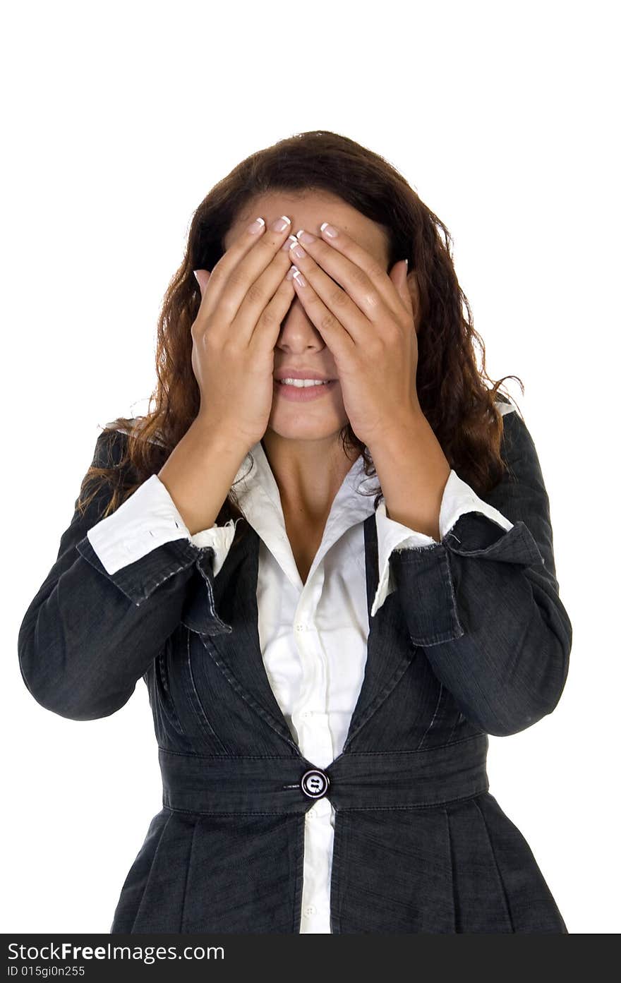 Lady closing eyes with hands against white background