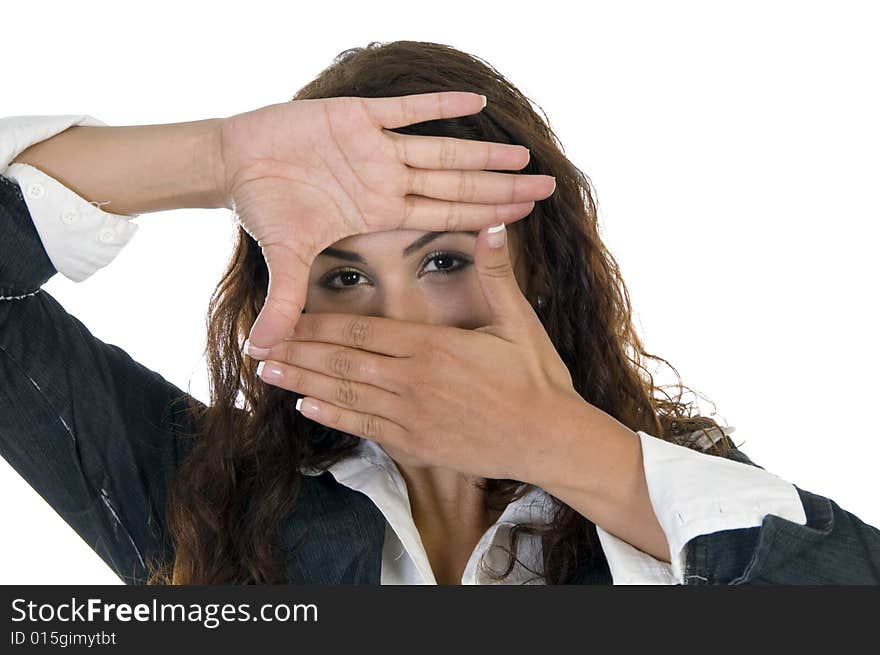 Lady making frame with hands on an isolated background