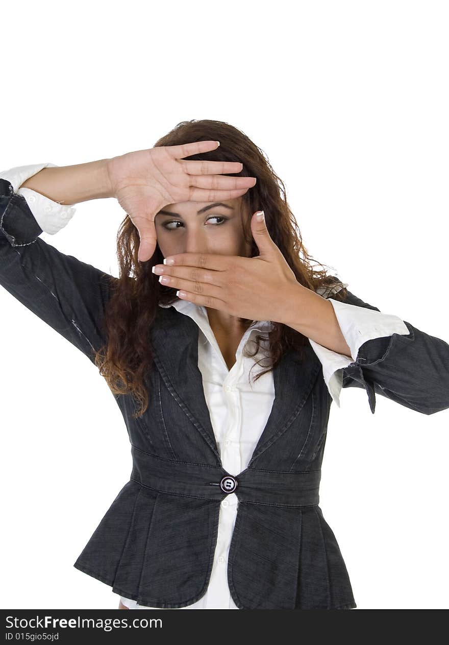 Female posing with hands on an isolated white background