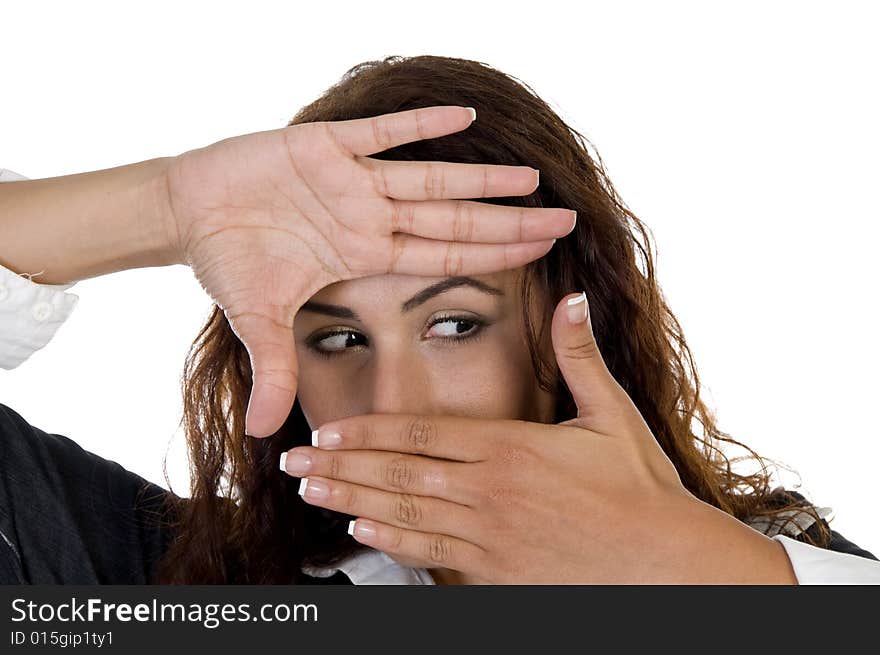 Woman with hand frame against white background