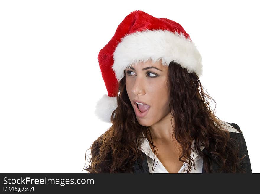 Lady looking askance in cap against white background