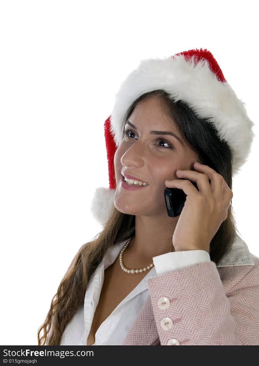 Woman talking on cellphone on an isolated background