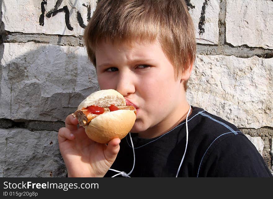 A young boy is eating a sausage