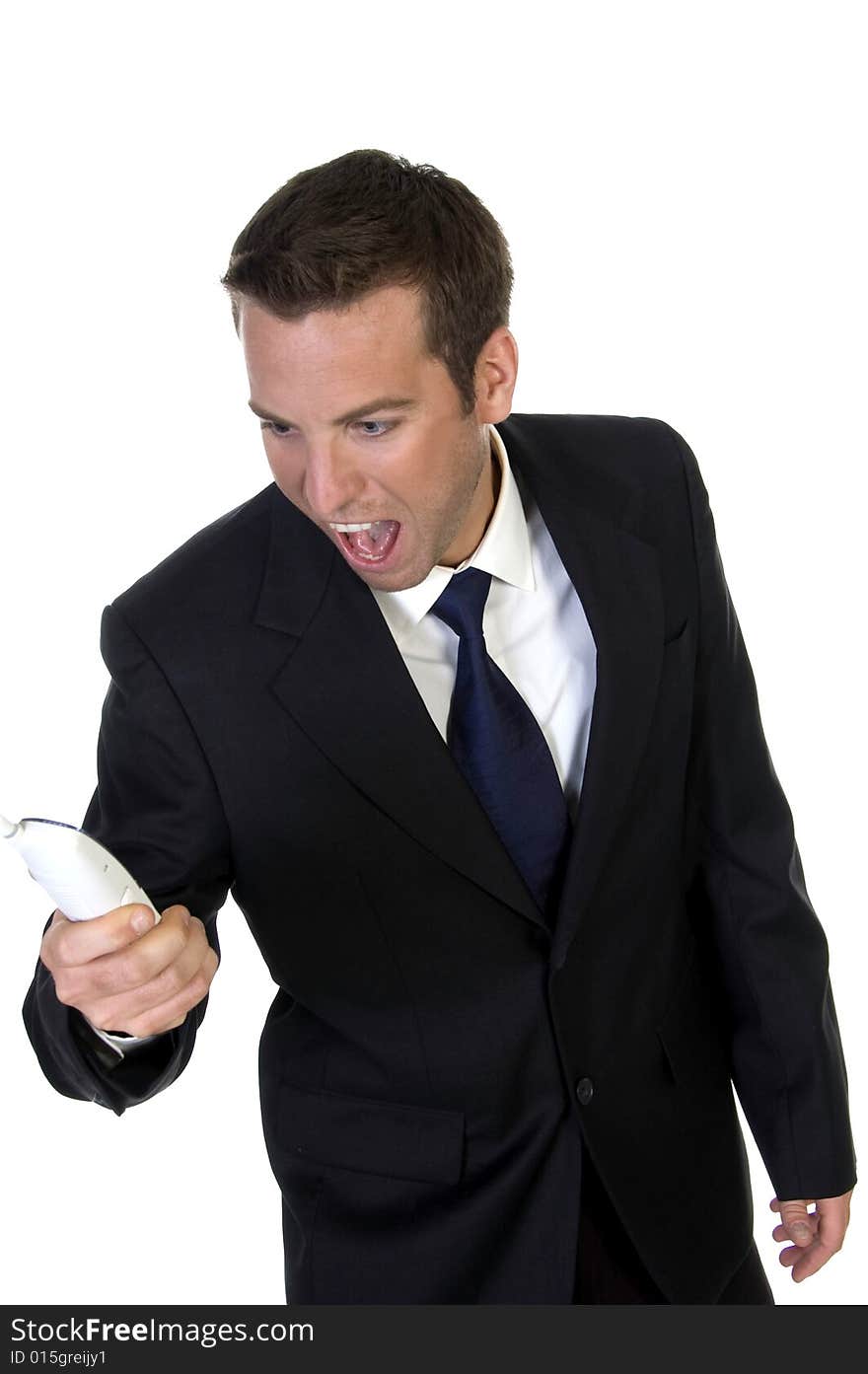 Man shouting on his mobile phone on an isolated  white background