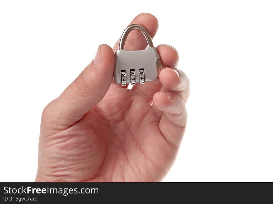 Code lock in hand on a white background