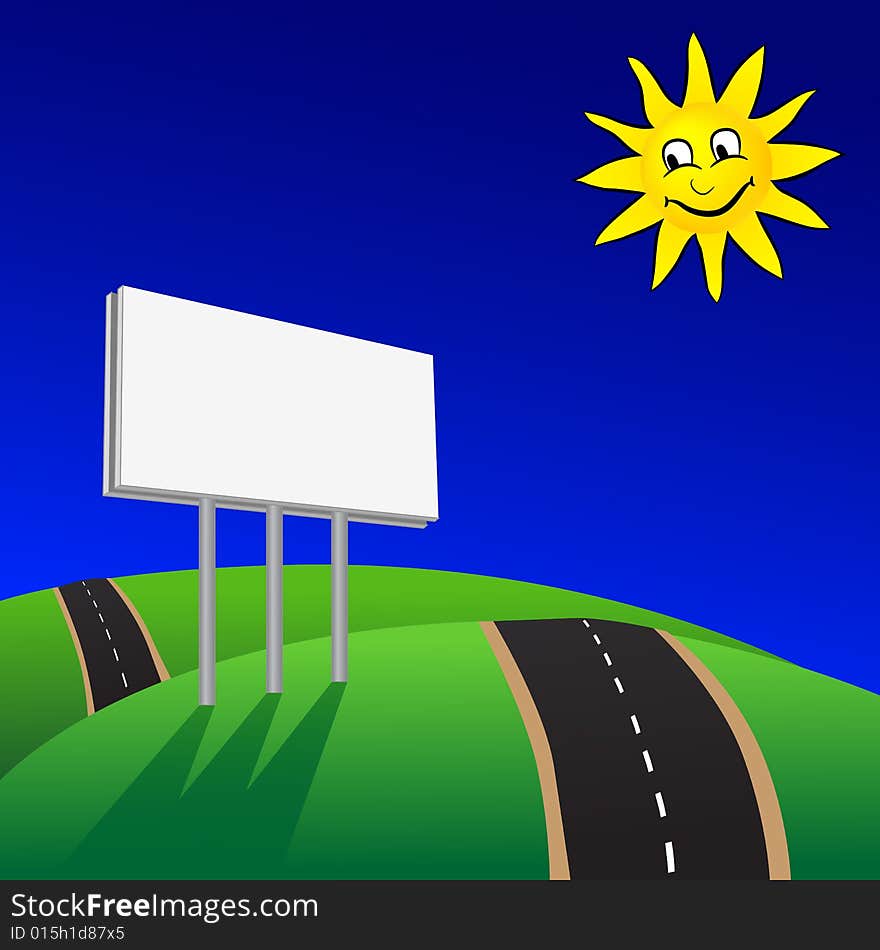 Advertising billboard on road with blue sky and sun vector illustration