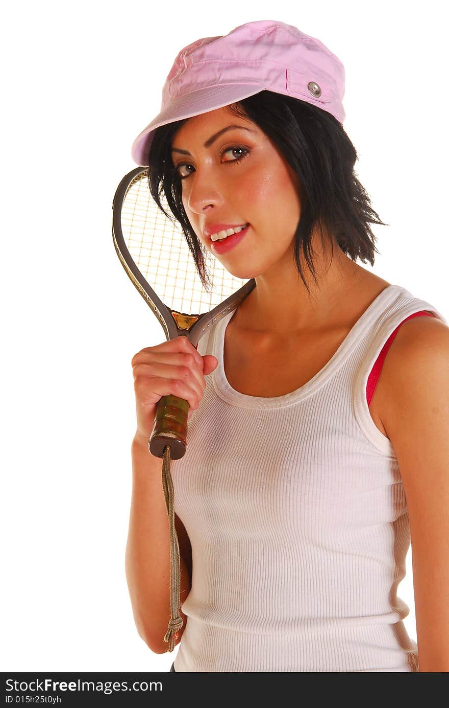 Attractive fit latino young woman holding a racquetball racquet after a workout. Attractive fit latino young woman holding a racquetball racquet after a workout