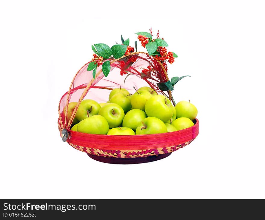 Fresh Green Apples in a decorative traditional native styled basket. Fresh Green Apples in a decorative traditional native styled basket