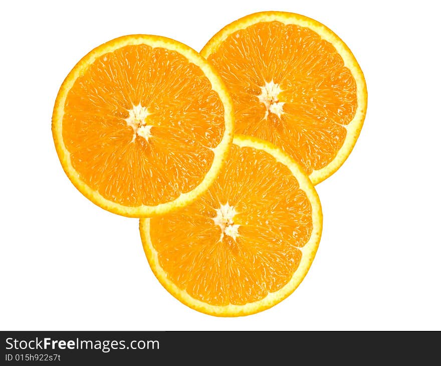 Three juicy parts of oranges isolated on white