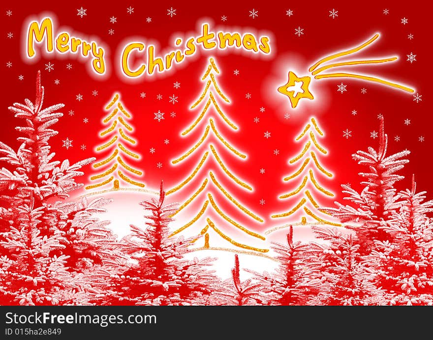 Golden, coniferous trees on red background, winter and Merry Christmas. Golden, coniferous trees on red background, winter and Merry Christmas