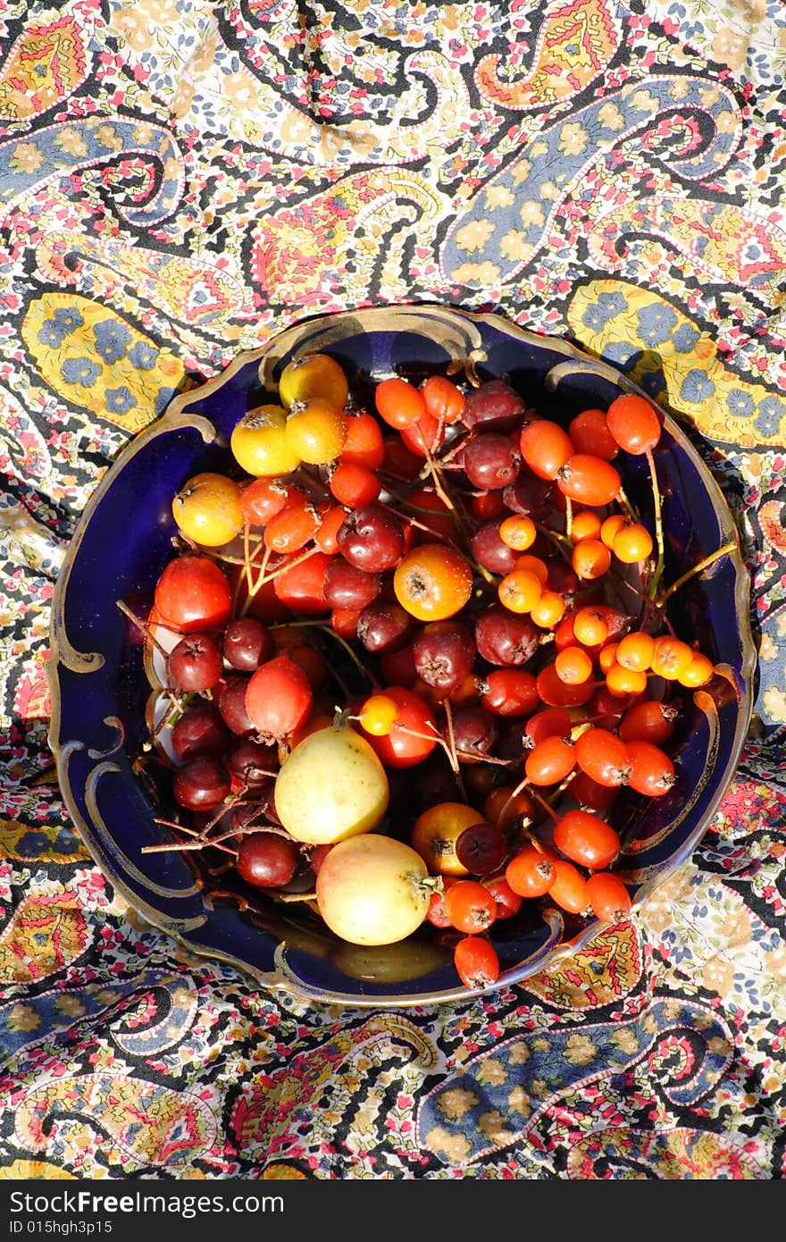 Wild berries and fruits in an ancient plate. Wild berries and fruits in an ancient plate